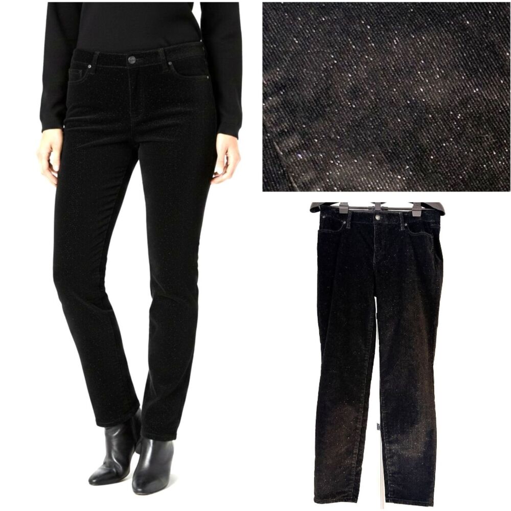 Talbots Womens 8 Sparkle Corduroy Pants Black Festive Holiday Straight‎ Leg